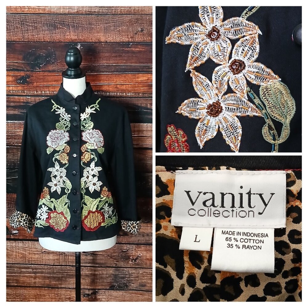 Vanity Vintage 90s Jacket L Cropped Embroidered Beaded Mandarin